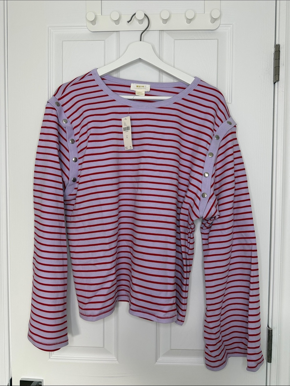 Maeve Lavender and Red Striped Long-Sleeve Top with Snap Details
